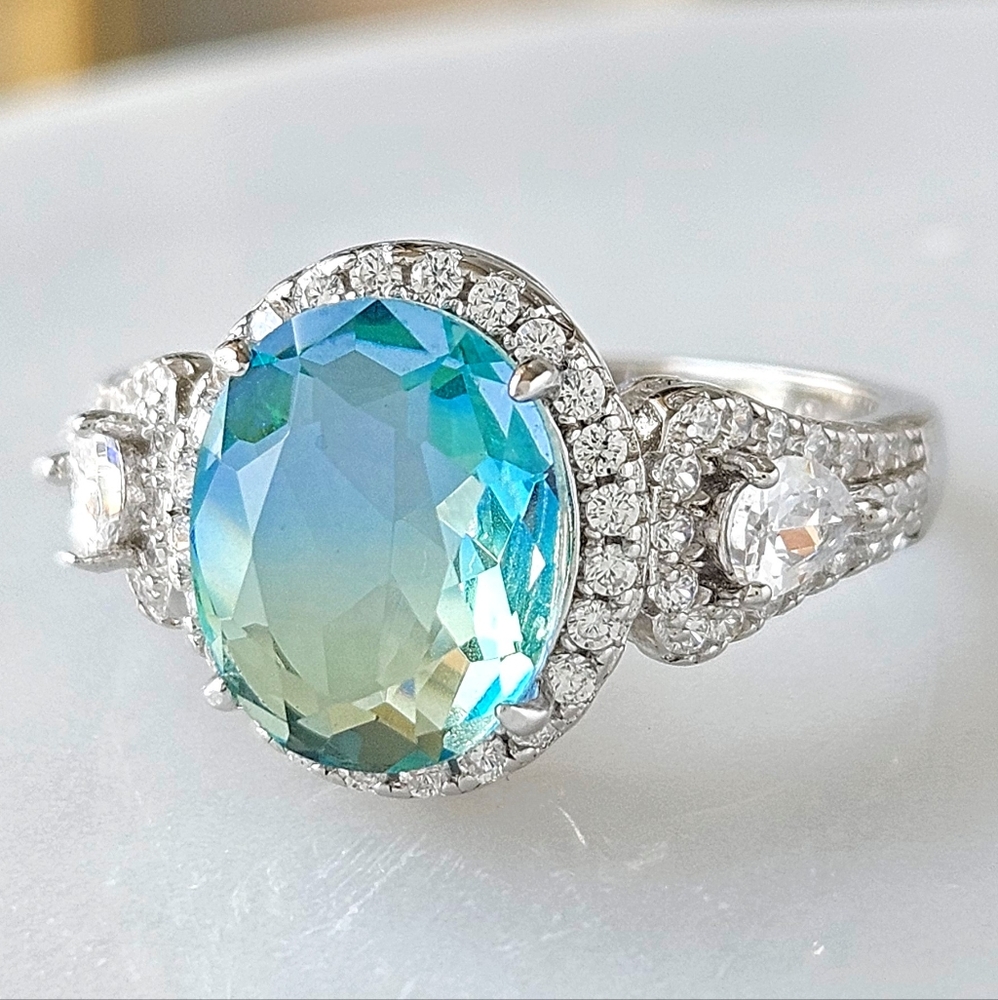 Blue & Teal Aquamarine Oval Cushion cut Gemstone ring, 925 Sterling Silver